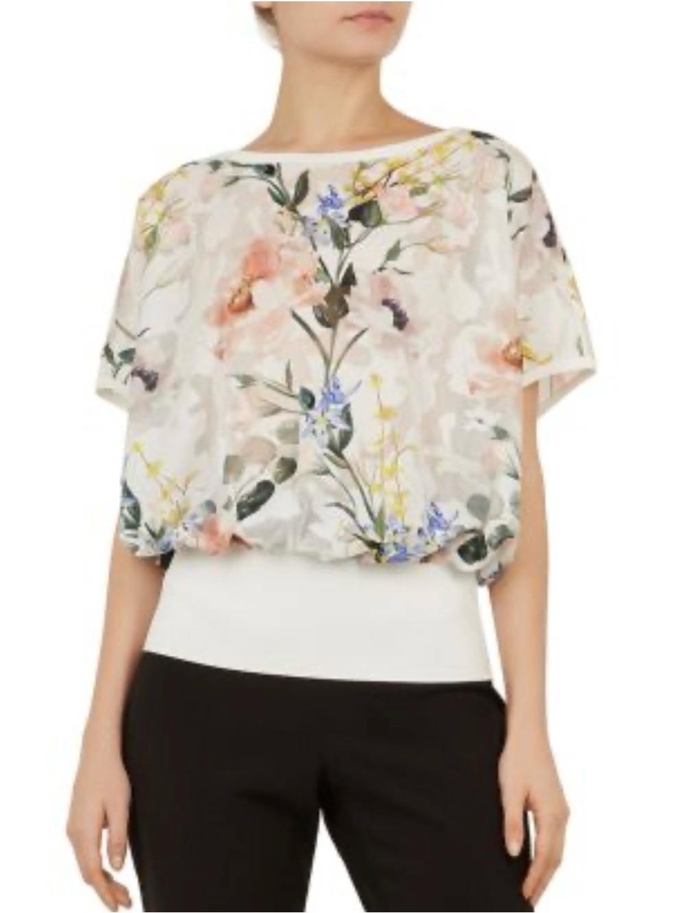 Ted Baker White Sheer Floral Sleeveless Blouse, Elastic Waste